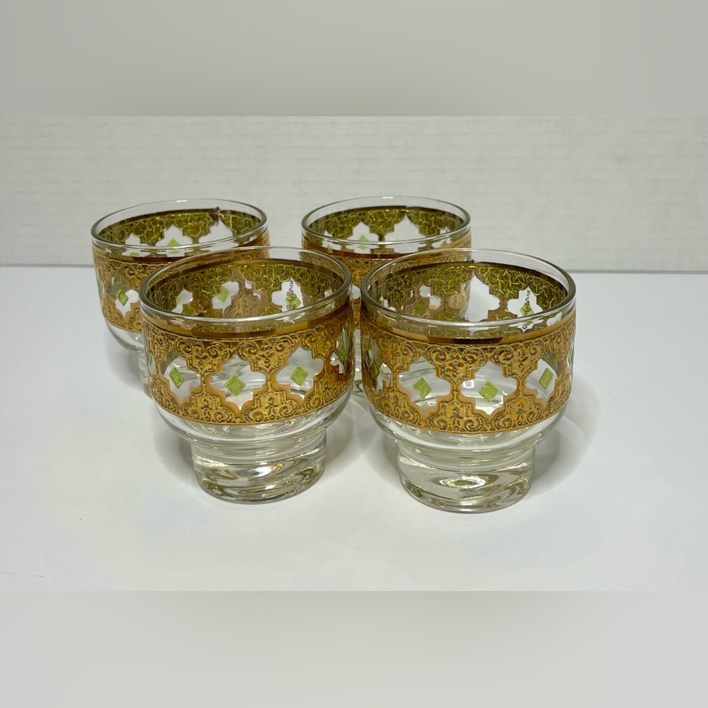 Vintage Culver Valencia Low Ball Footed Glasses 22K Gold Roly Poly Set of 4 MCM
